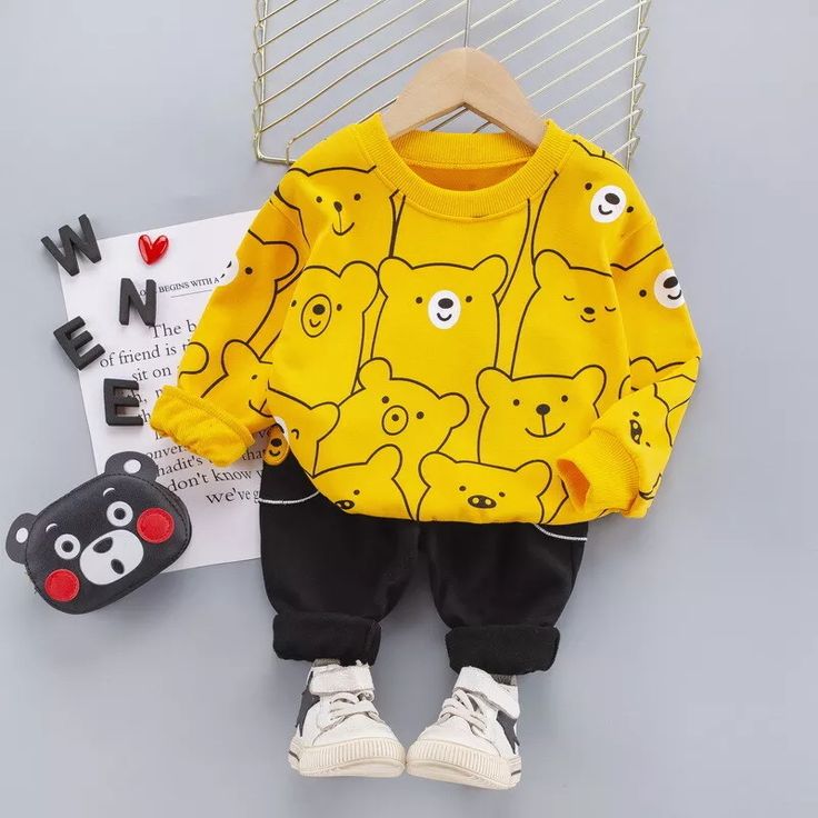 Cartoon Bear Print Shirt & Pants Set – Yellow & Black (1–10 Years)