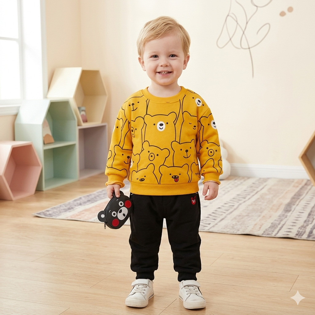 Cartoon Bear Print Shirt & Pants Set – Yellow & Black (1–10 Years)