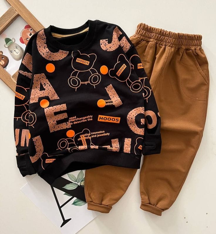 Graphic Bear & Bicycle Sweatshirt Set – Black & Brown (1–10 Years)