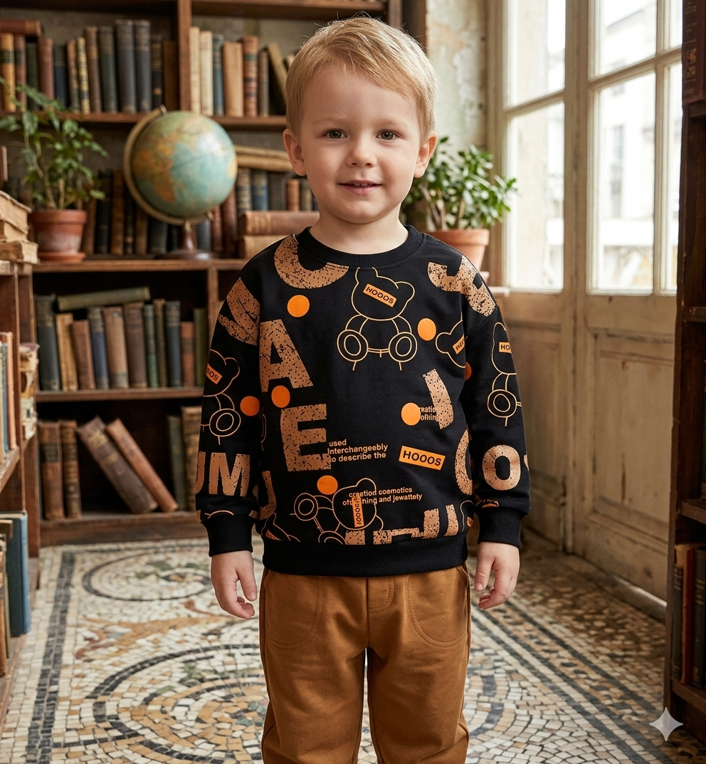Graphic Bear & Bicycle Sweatshirt Set – Black & Brown (1–10 Years)