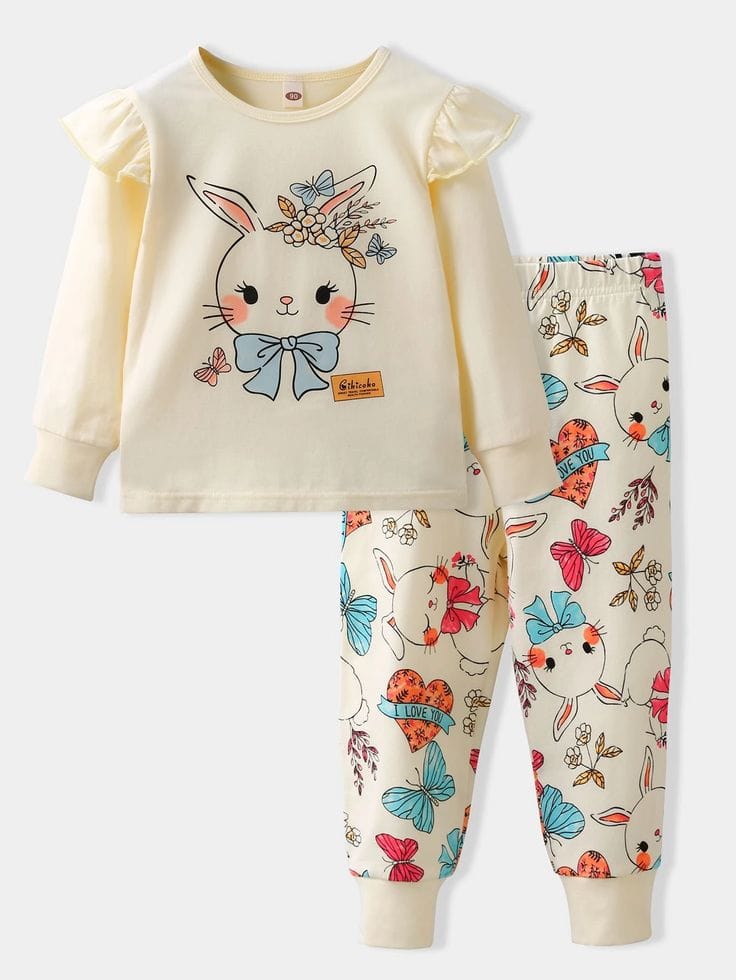 LOVE Bunny Floral Pajama Set – Cream & Pastel (1–10 Years)