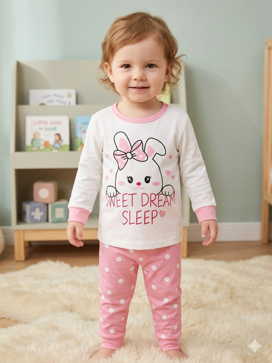 Sweet Dream Bunny Pajama Set – White & Pink (1–10 Years)