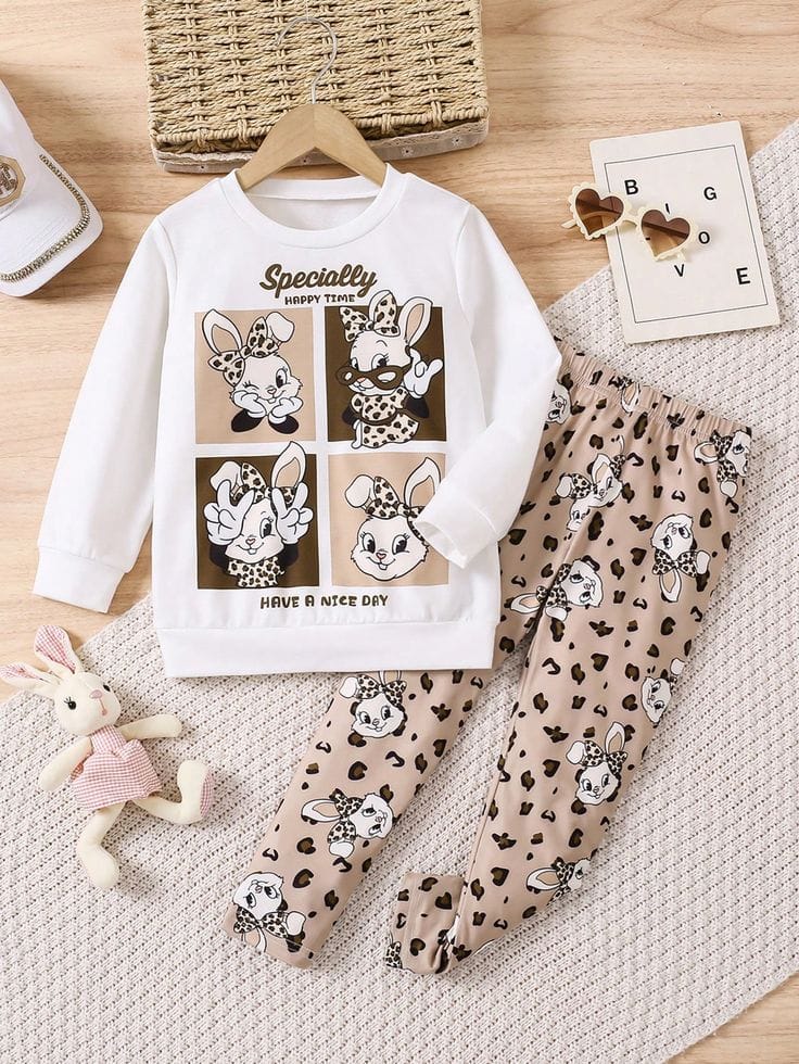 Happy Time Bunny Sweatshirt & Pants Set – White & Beige (1–10 Years)
