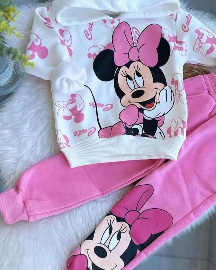 Minnie Mouse “Cute” Hoodie & Pants Set – White & Pink (1–10 Years)