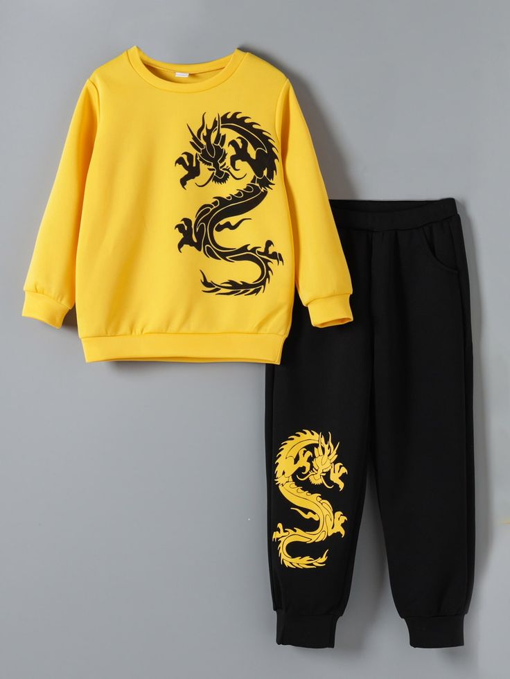 Dragon Graphic Sweatshirt & Jogger Set – Yellow & Black (1–10 Years)