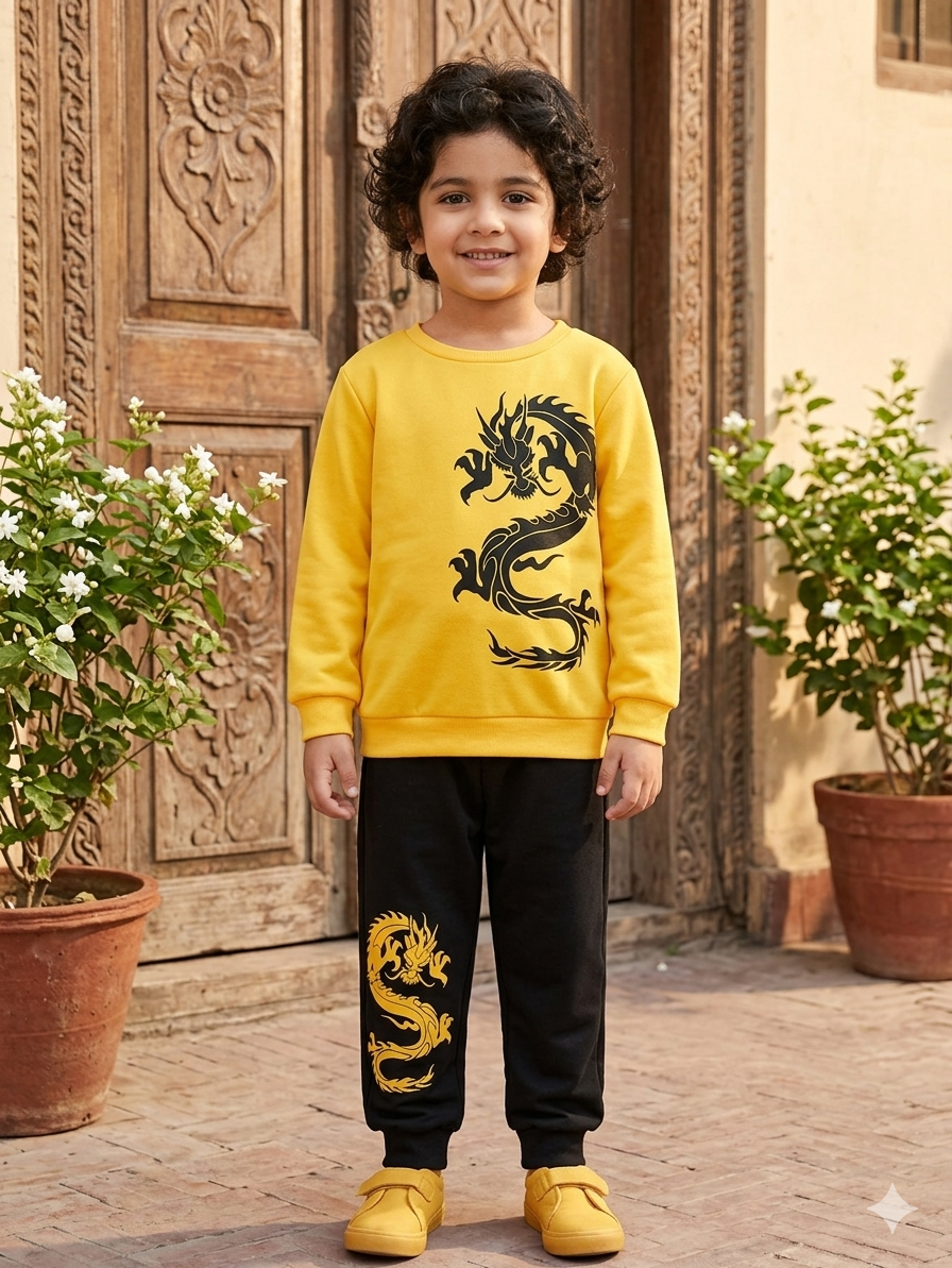 Dragon Graphic Sweatshirt & Jogger Set – Yellow & Black (1–10 Years)