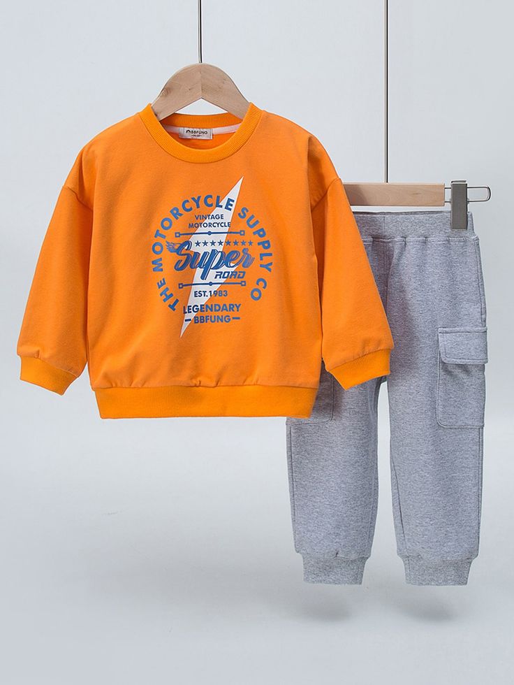 Motorcycle Graphic Sweatshirt & Cargo Jogger Set – Orange & Grey (1–10 Years)