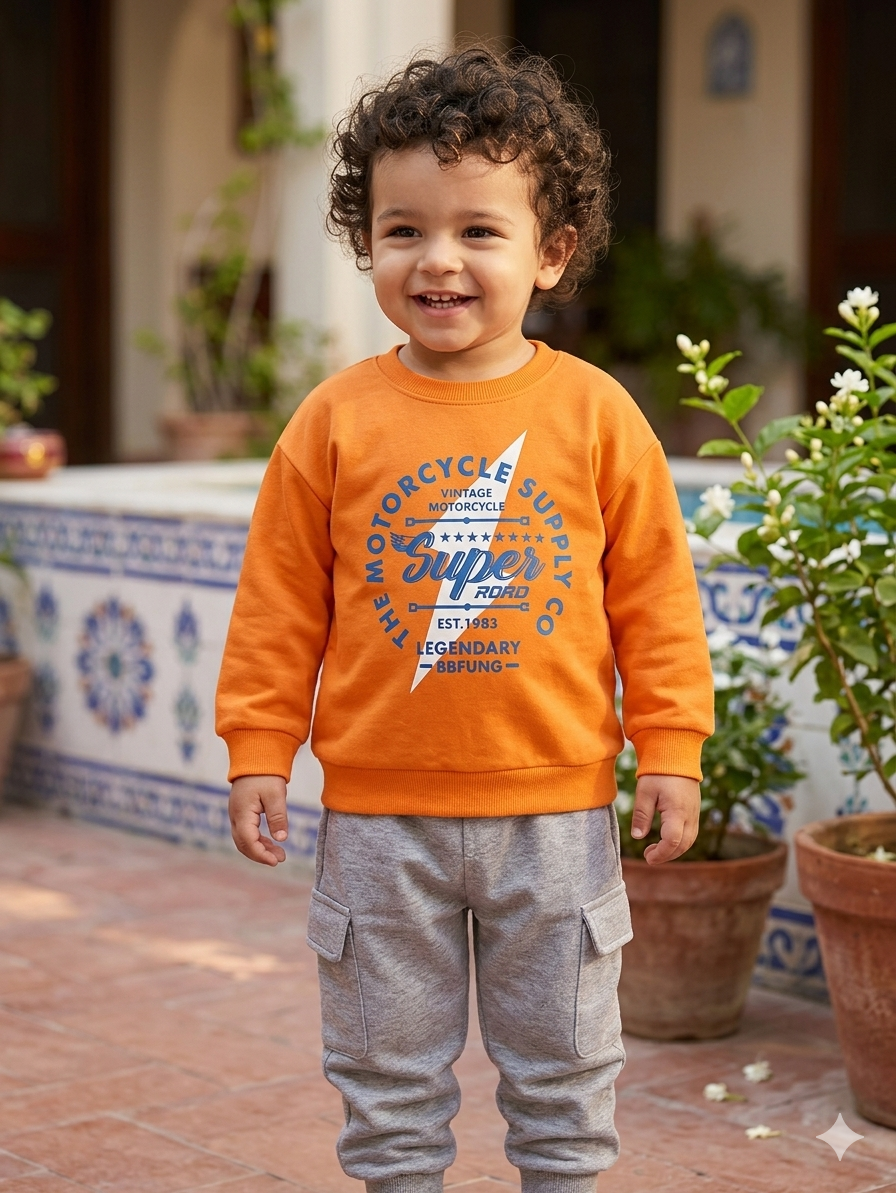 Motorcycle Graphic Sweatshirt & Cargo Jogger Set – Orange & Grey (1–10 Years)