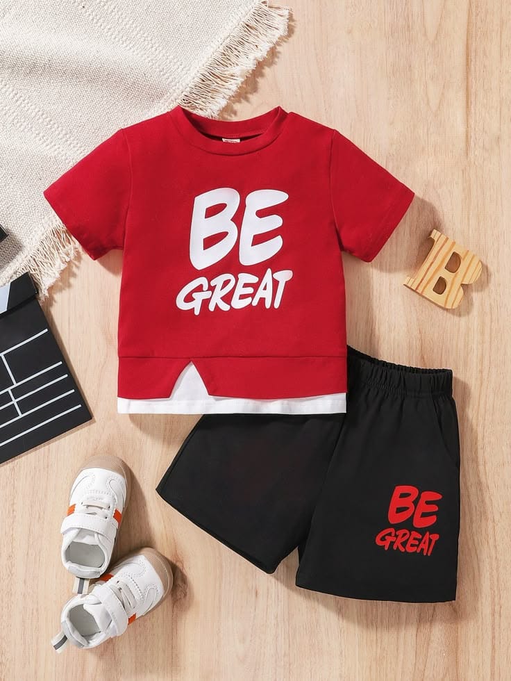 Be Great” T-Shirt & Shorts Set – Red & Black (1–10 Years)