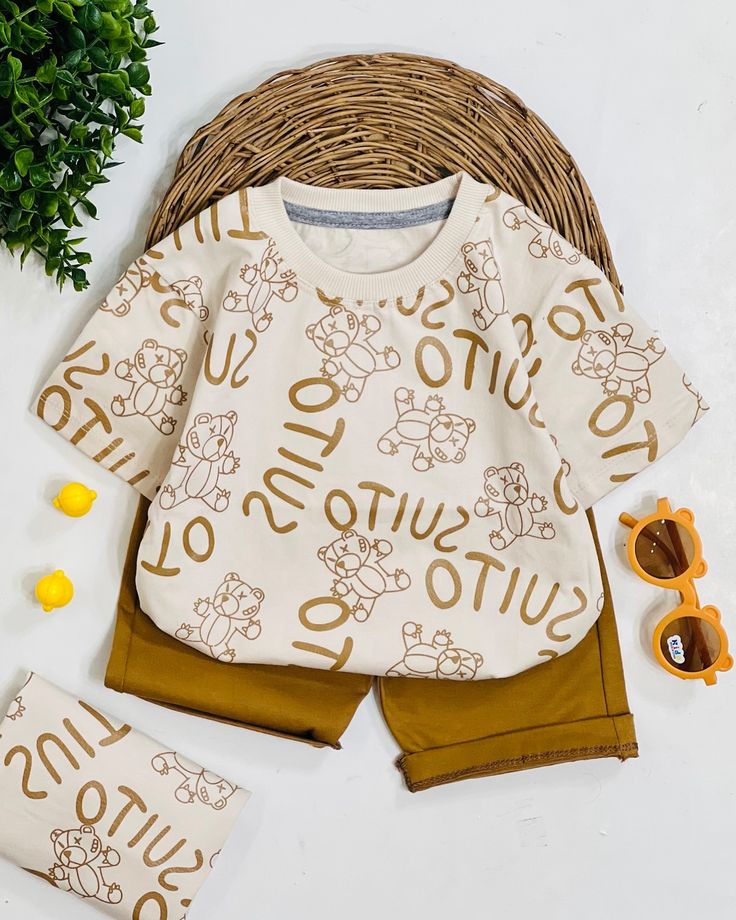 Cartoon Bear “SUITO” T-Shirt & Shorts Set – Cream & Mustard Brown (1–10 Years)