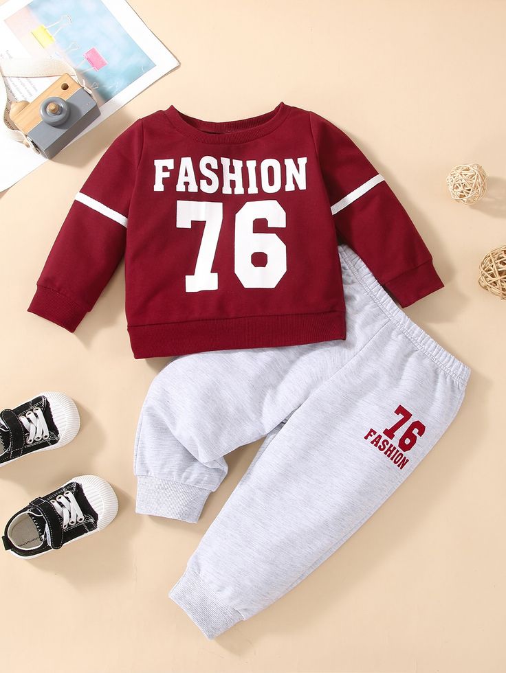 FASHION 76” Sweatshirt & Jogger Set – Maroon & Light Grey (1–10 Years)