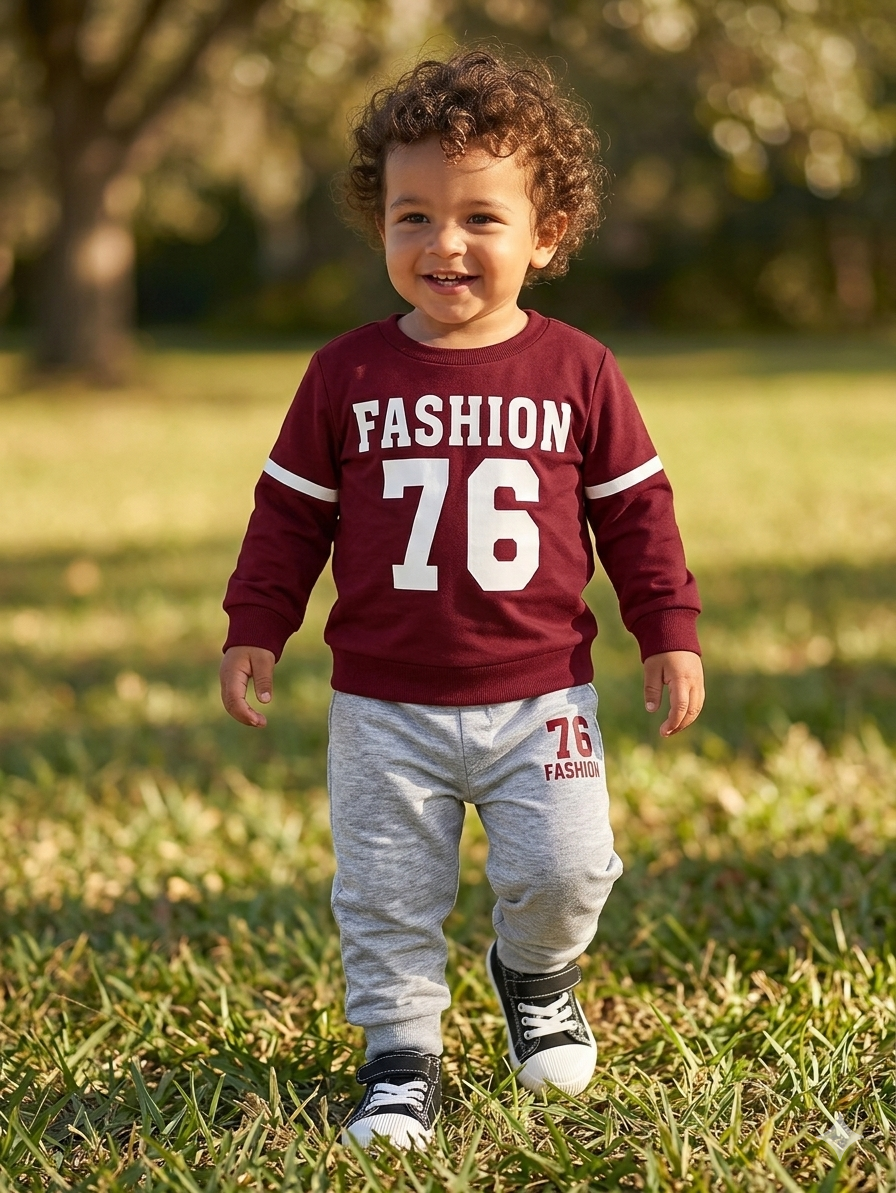 FASHION 76” Sweatshirt & Jogger Set – Maroon & Light Grey (1–10 Years)