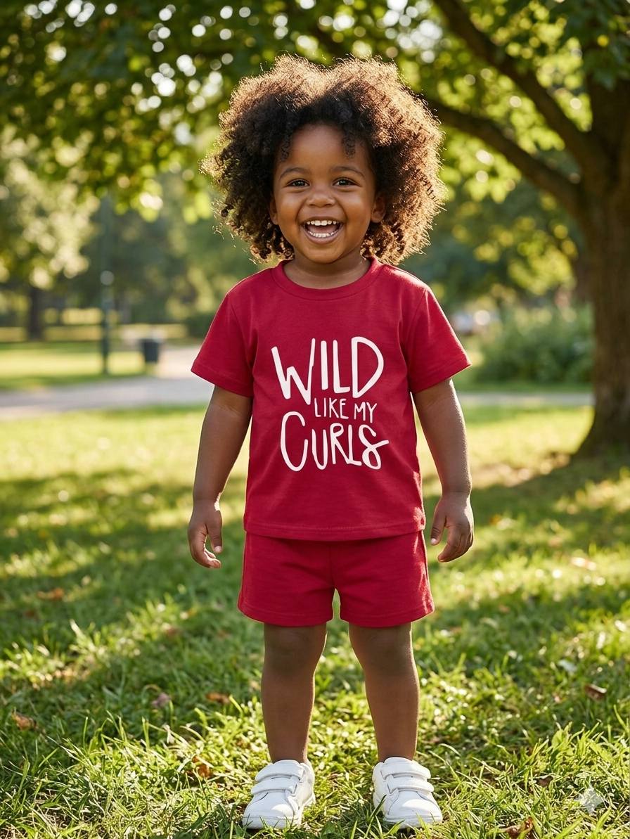 Wild Like My Curls” T-Shirt & Shorts Set – Red & White (1–10 Years)
