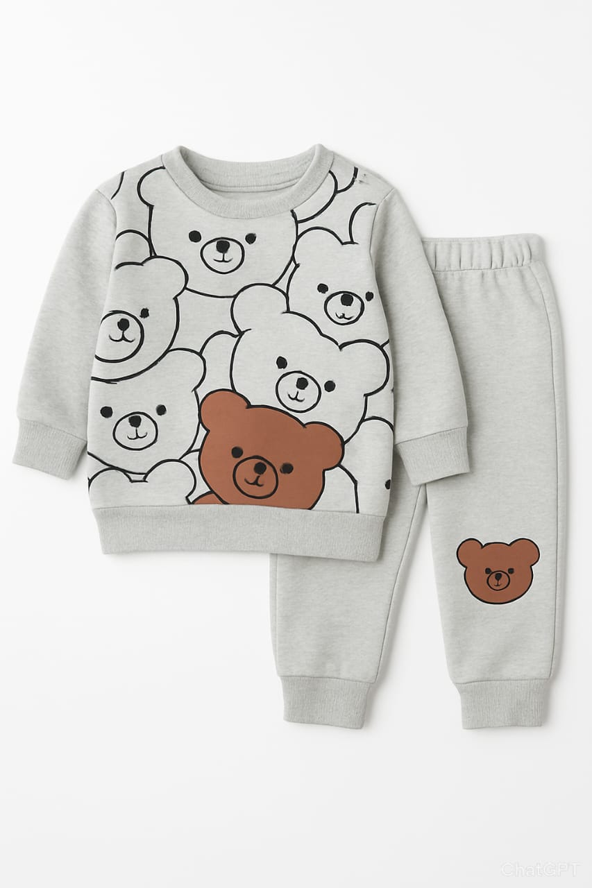 Boys Winter Cotton Fales Track Suit with Bear Logo (1–10 Years, Gray)