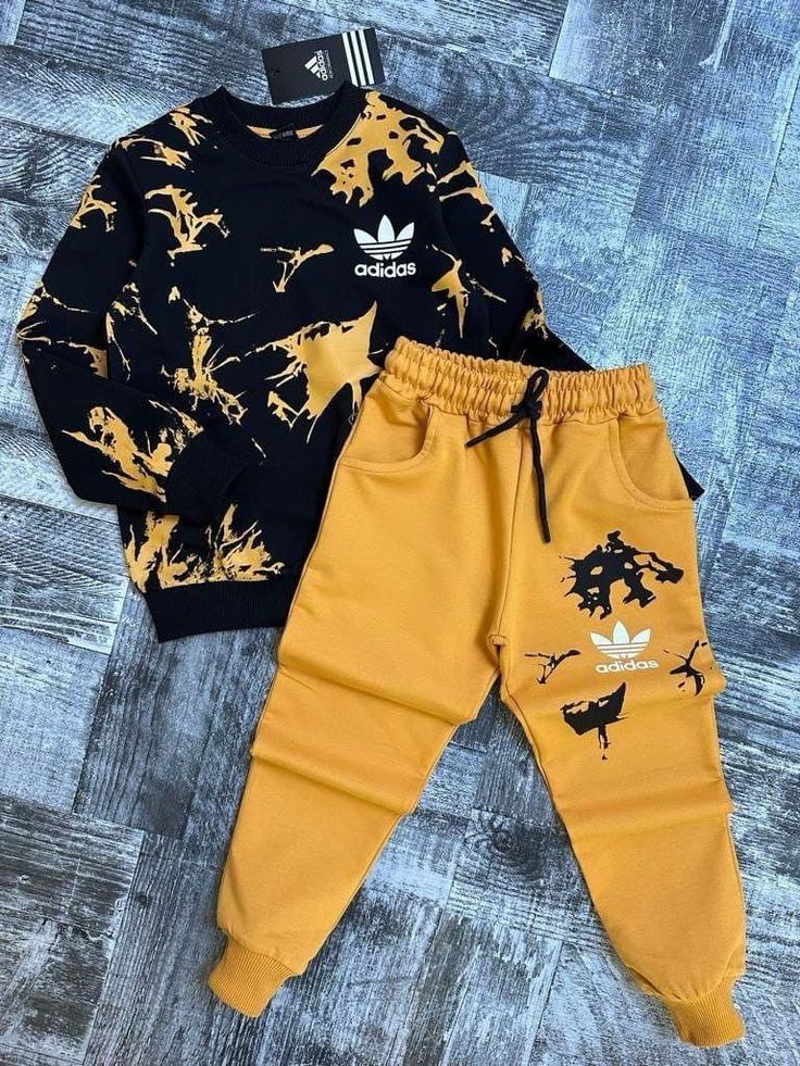 Adidas Splatter Style Sweatshirt & Jogger Set – Black & Mustard (1–10 Years)